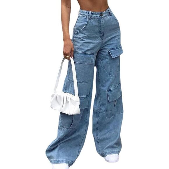Pants - Women Cargo Jeans Baggy Wide Leg Multi Pocket Streetwear Y2K Trousers